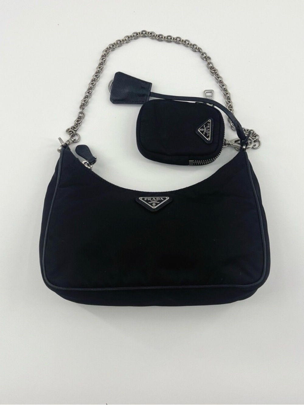 Prada Black Nylon Shoulder Bag with Silver Chain and Coin Pouch